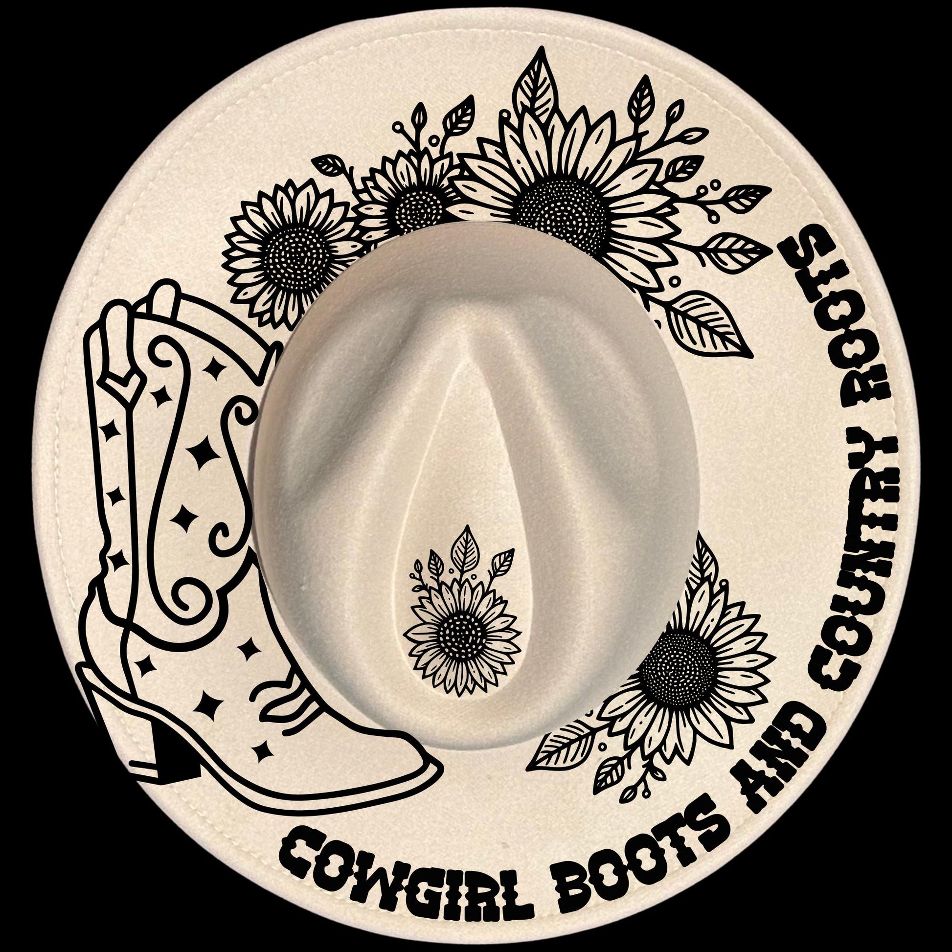 Country Roots And Cowgirl Boots burned hat burning design on a wide brim hat.