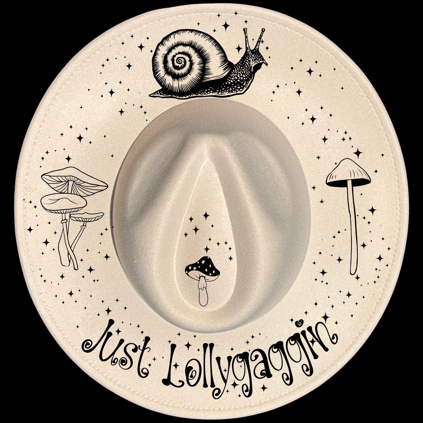 Just Lollygagging burned hat burning design on a wide brim hat