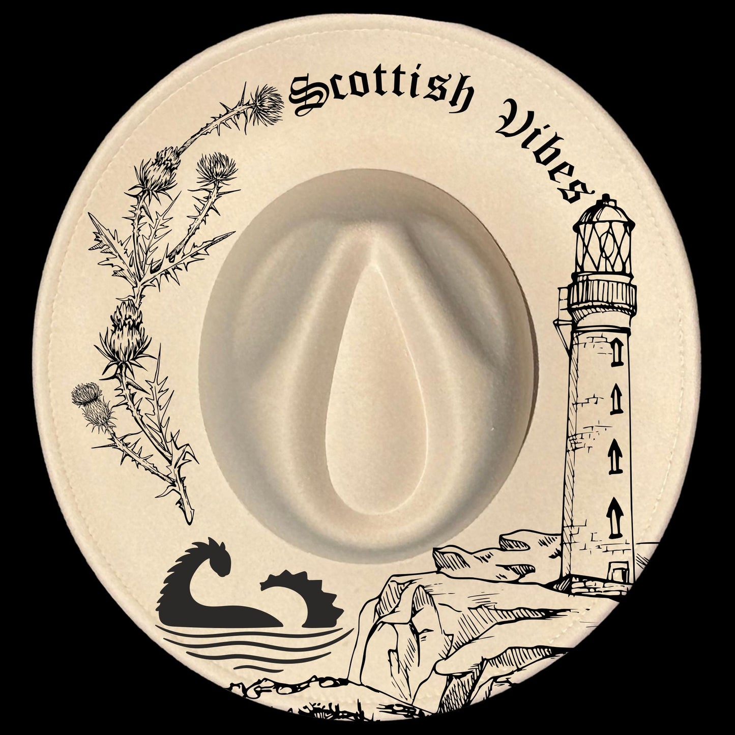 Scottish Vibes burned hat burning design on a wide brim hat