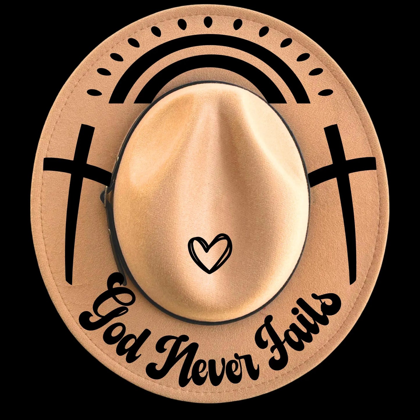 God Never Fails burned hat burning design on a narrow brim hat.