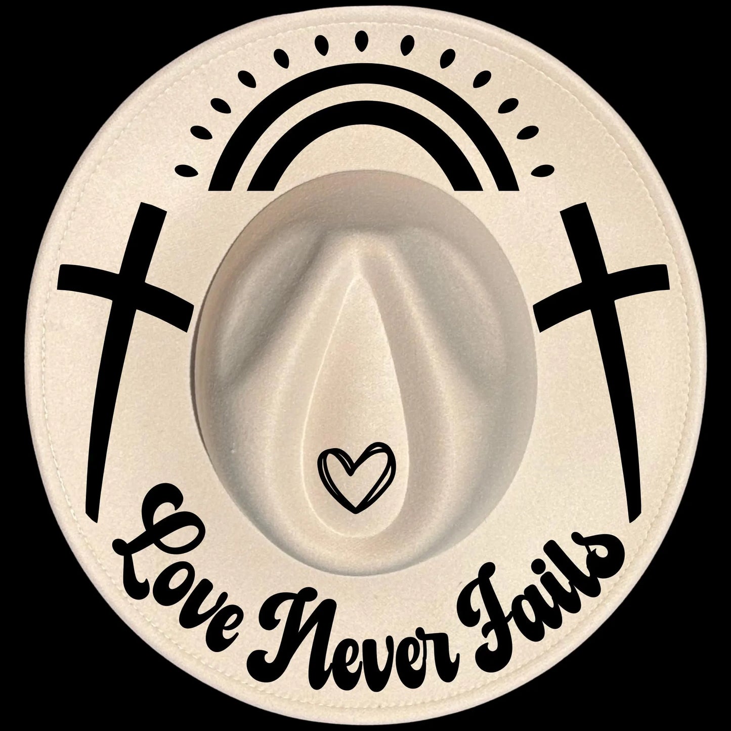 Love Never Fails burned hat burning design for wide brim hats.