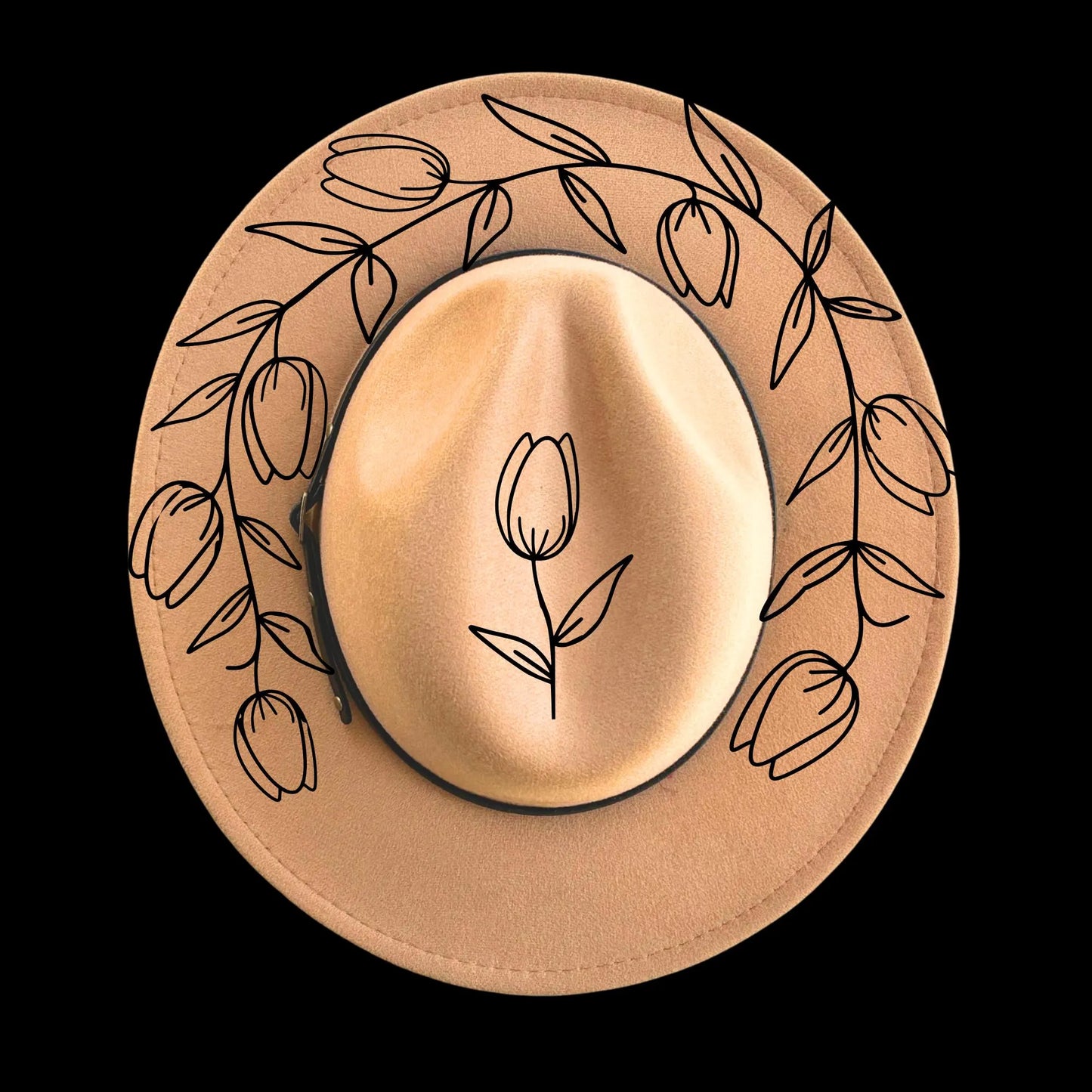 Tulip Party burned hat burning design on a narrow brim hat
