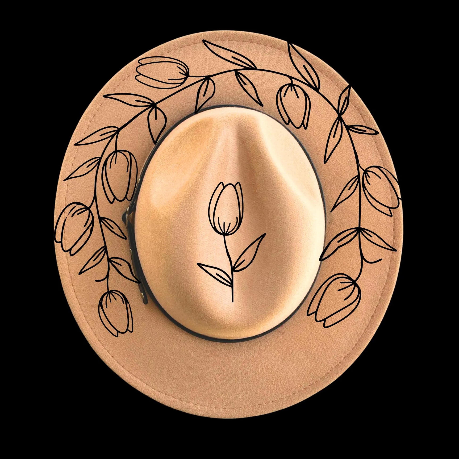 Tulip Party burned hat burning design on a narrow brim hat