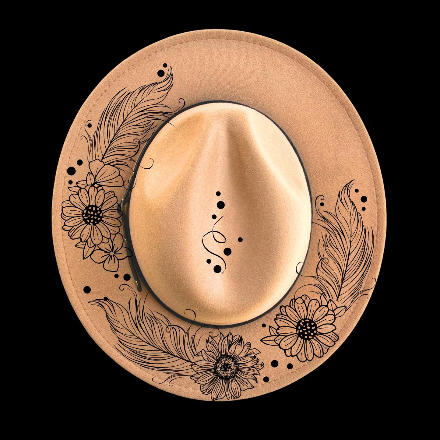 Feather Party burned hat burning design on a narrow brim hat.