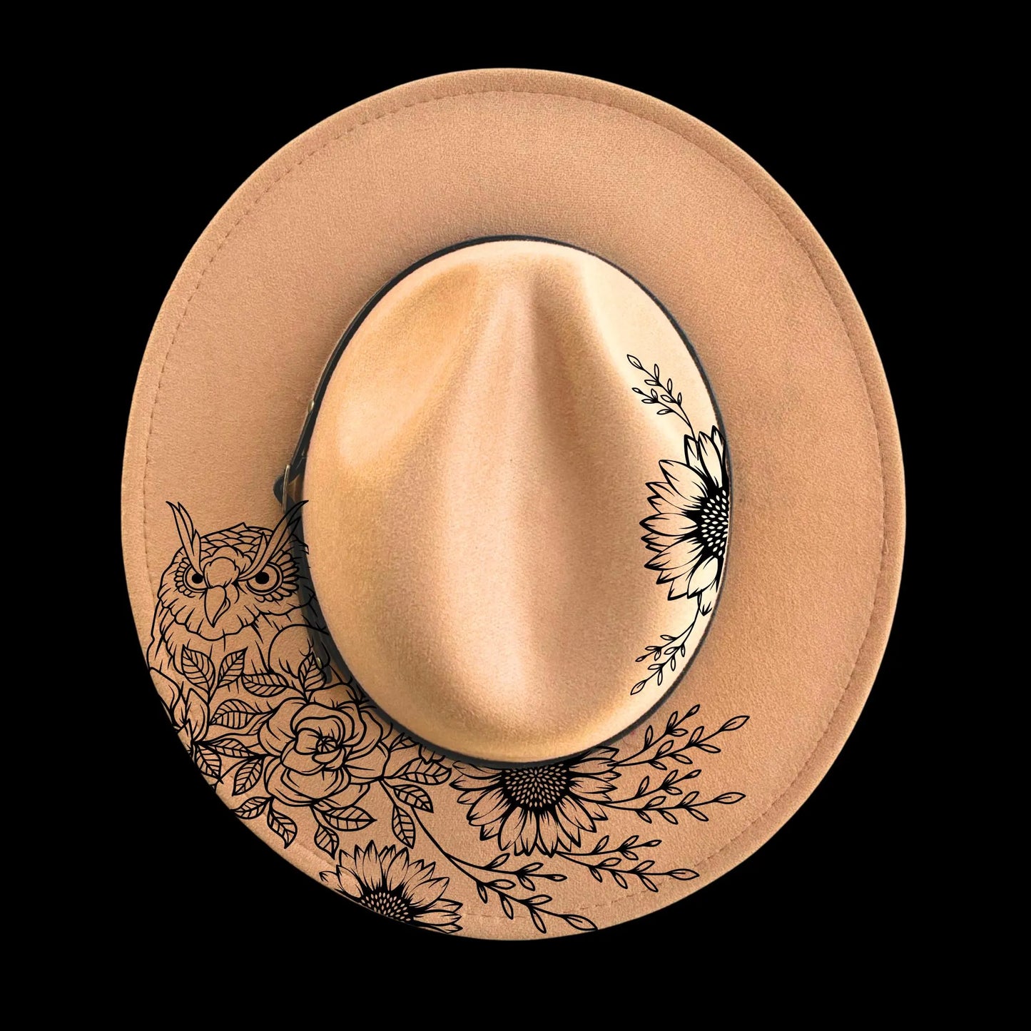 Sunflower Owl burned hat burning design on a narrow brim hat.