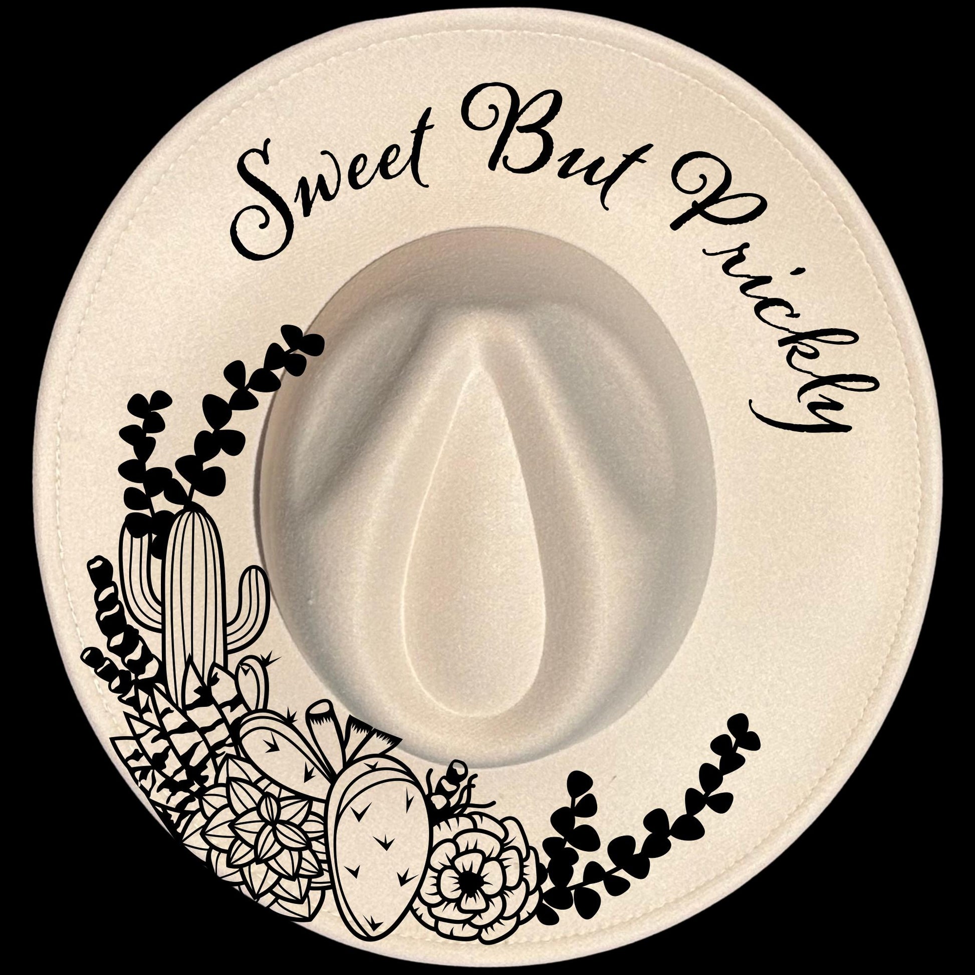 Sweet But Prickly burned hat burning design on a wide brim hat