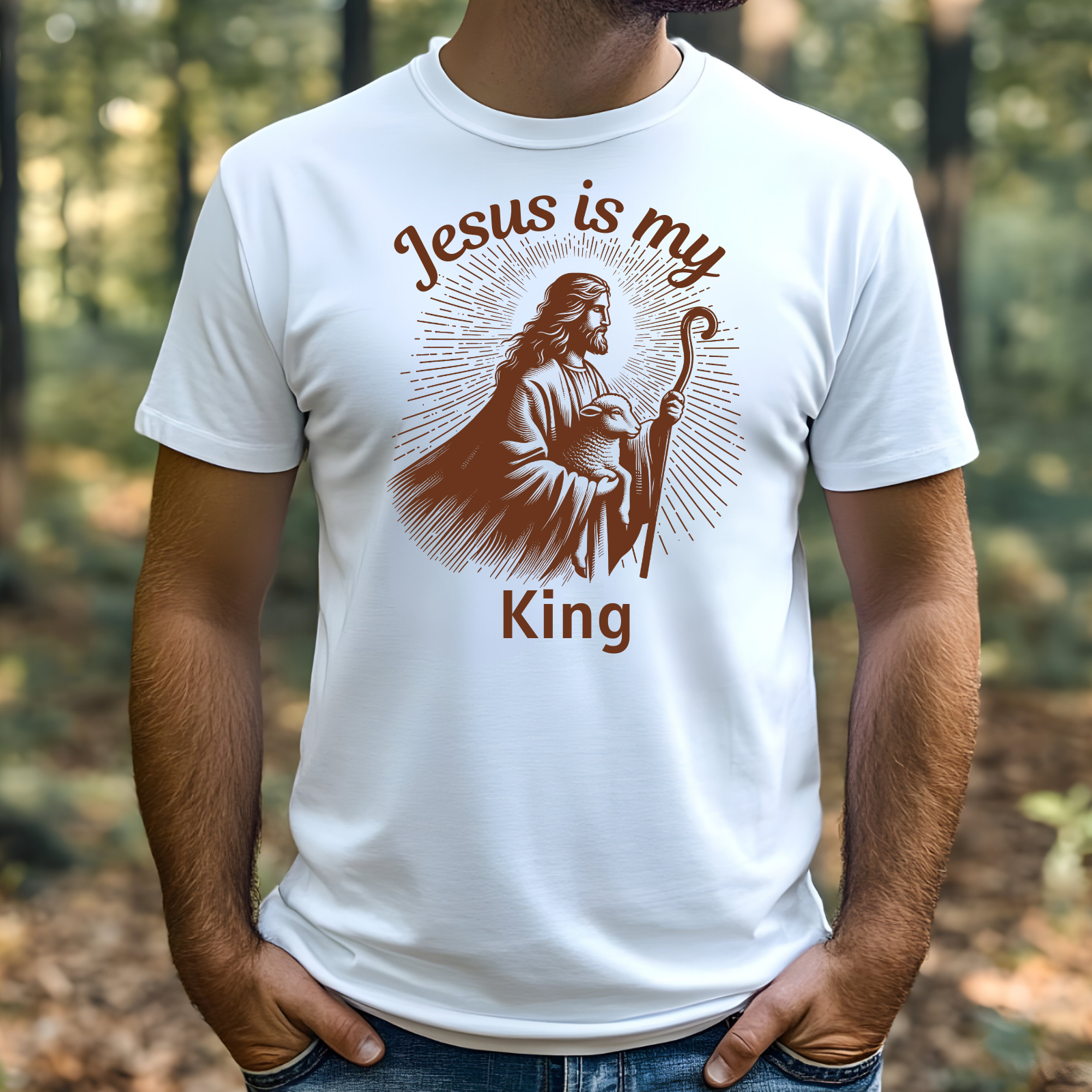 Jesus Is My King digital design on a man’s t-shirt
