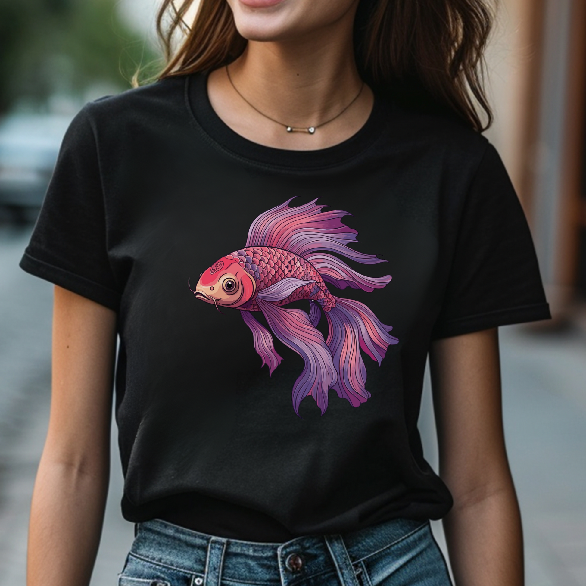 Koi Fish PNG digital design on a woman's black t-shirt