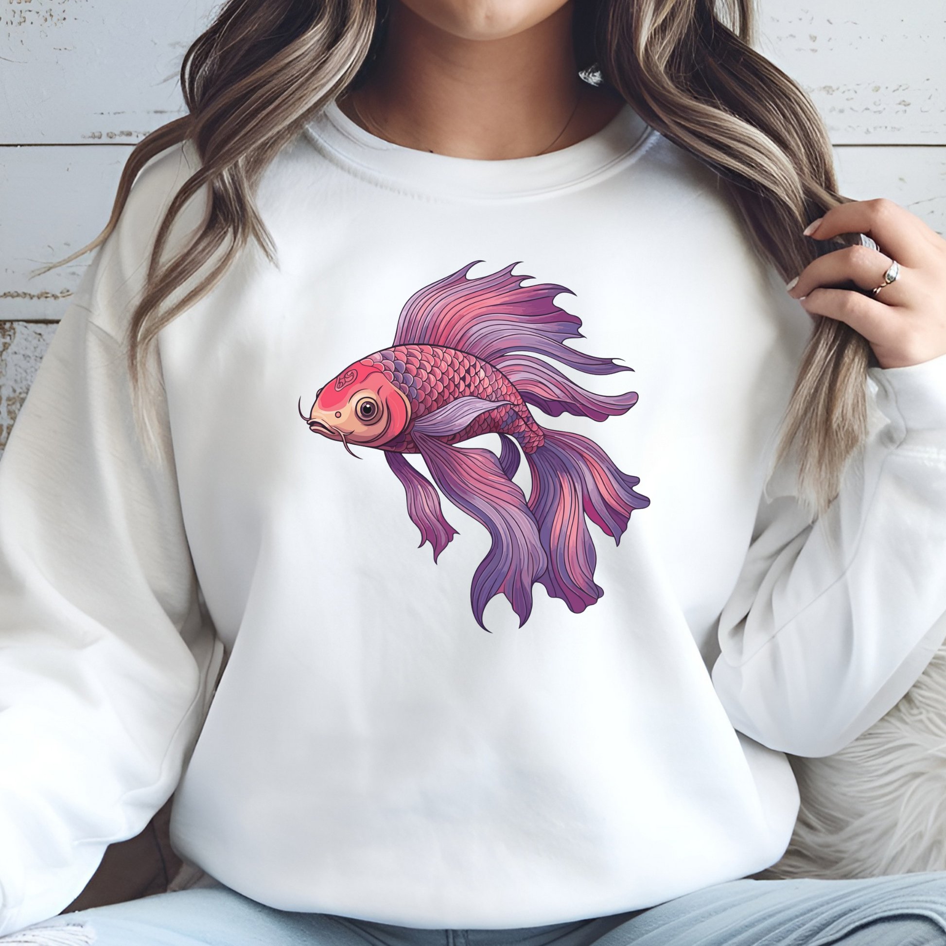 Koi Fish PNG digital design on a woman's white sweatshirt