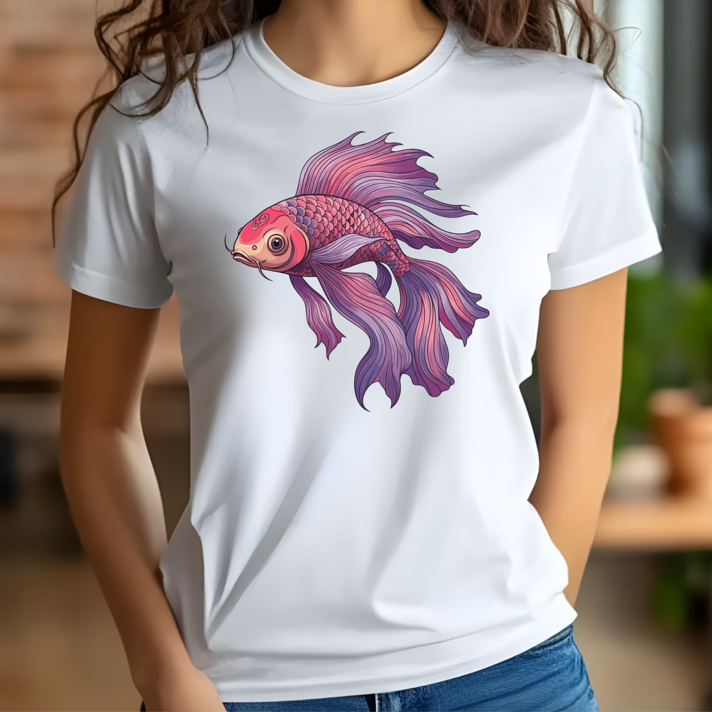 Koi Fish PNG digital design on a woman's white t-shirt