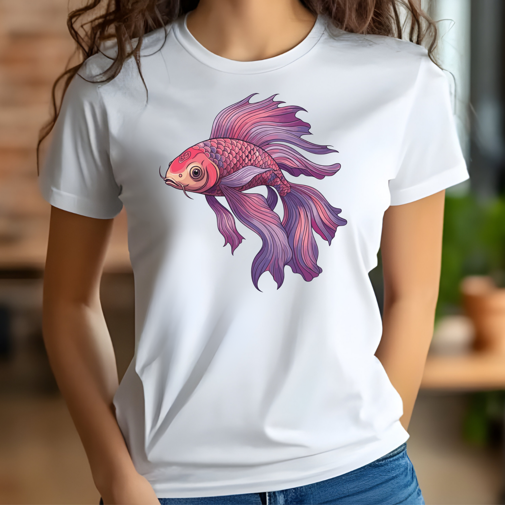 Koi Fish PNG digital design on a woman's white t-shirt