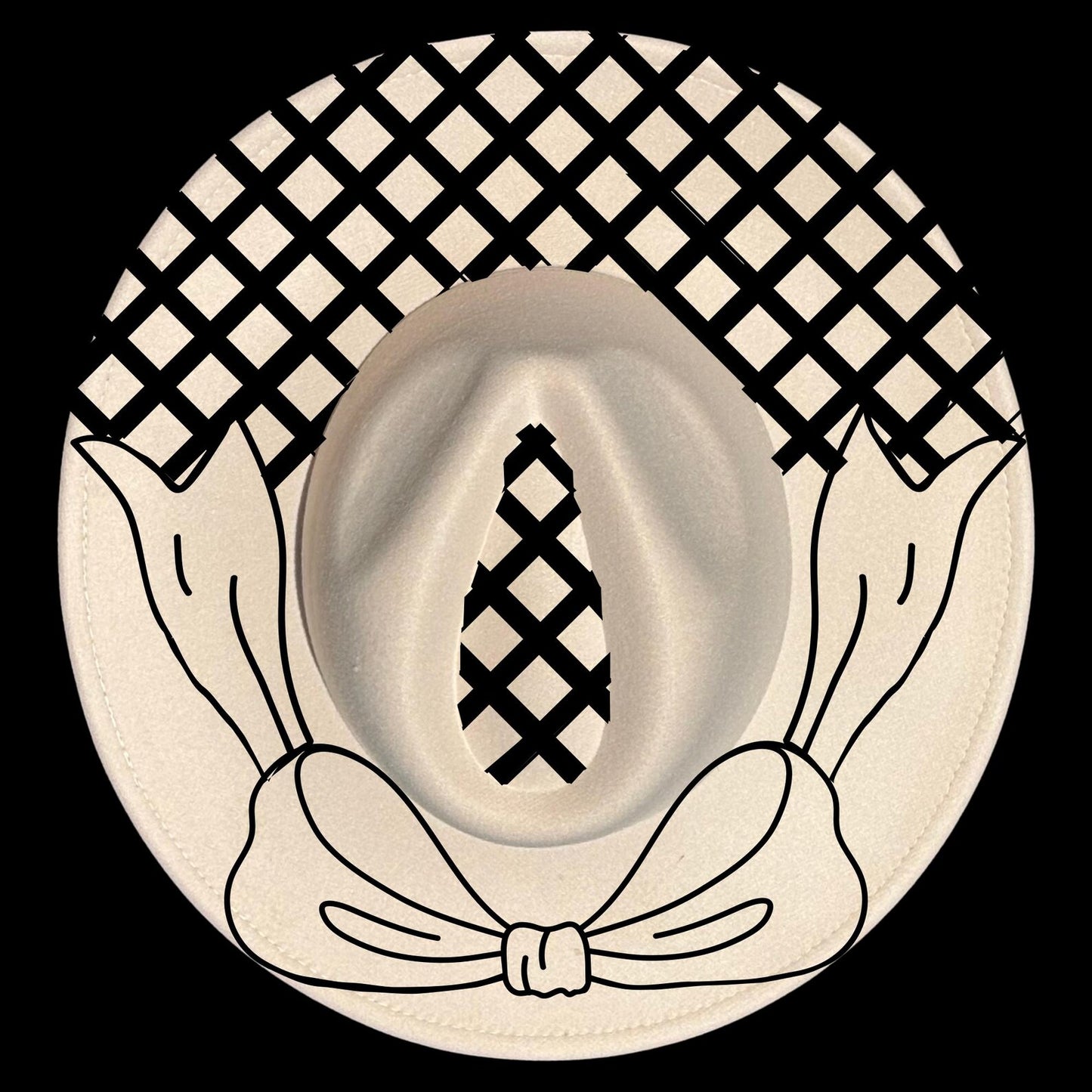 Lattice And Bow hat burning design on a wide brim hat