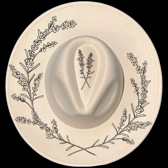 Lavender design on a wide brim hat