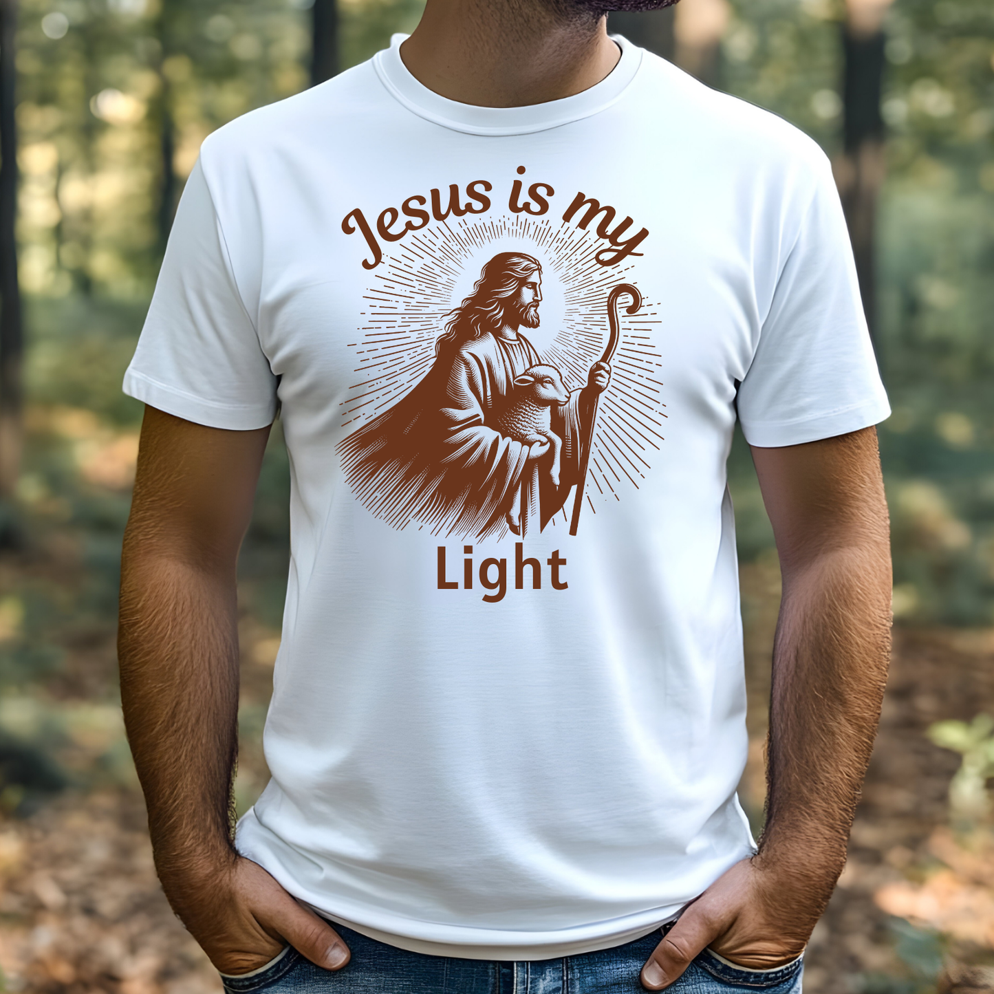 Jesus Is My Light digital design on a man’s t-shirt