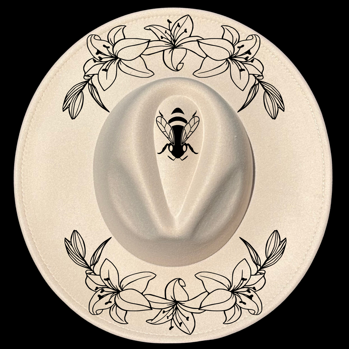 Lily Wreath With Bee design on a wide brim hat