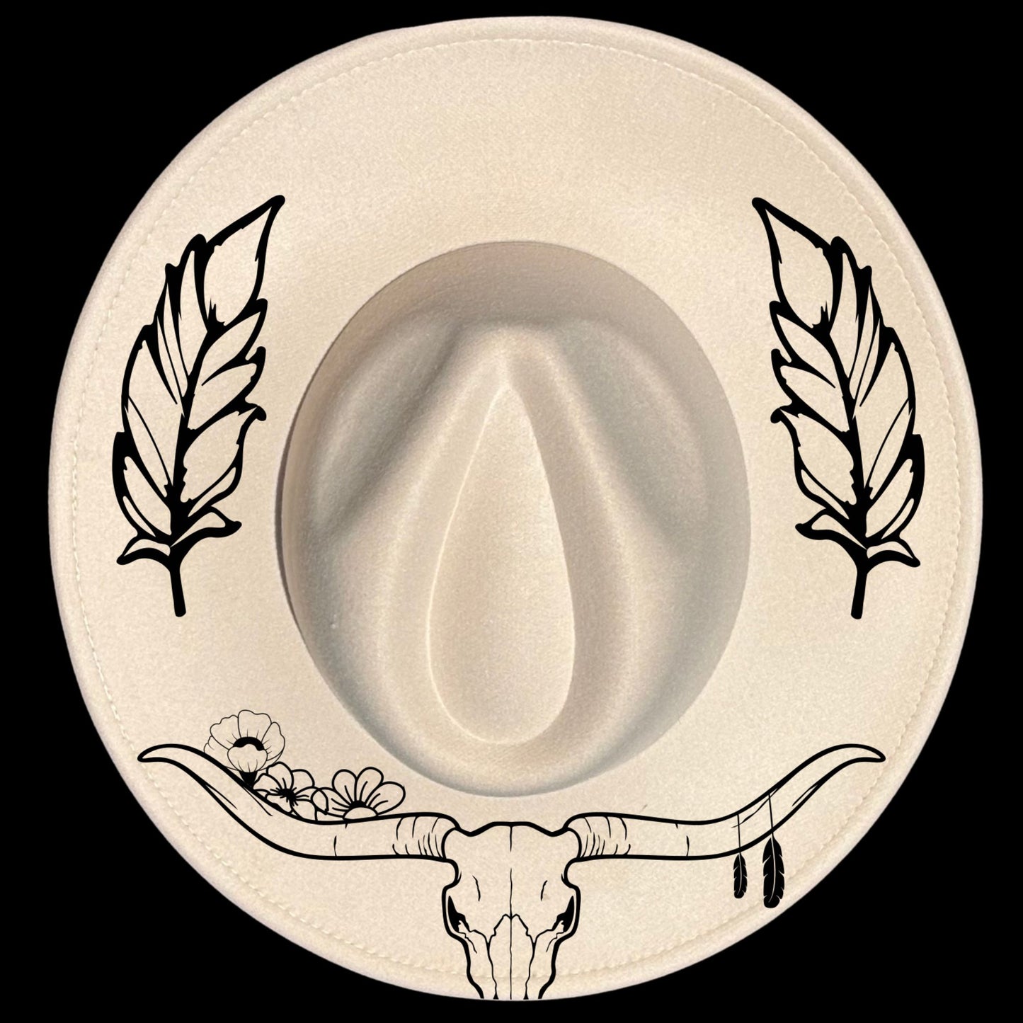 Longhorn Skull Feathers Wide Brim Hat Burning Design SVG PNG