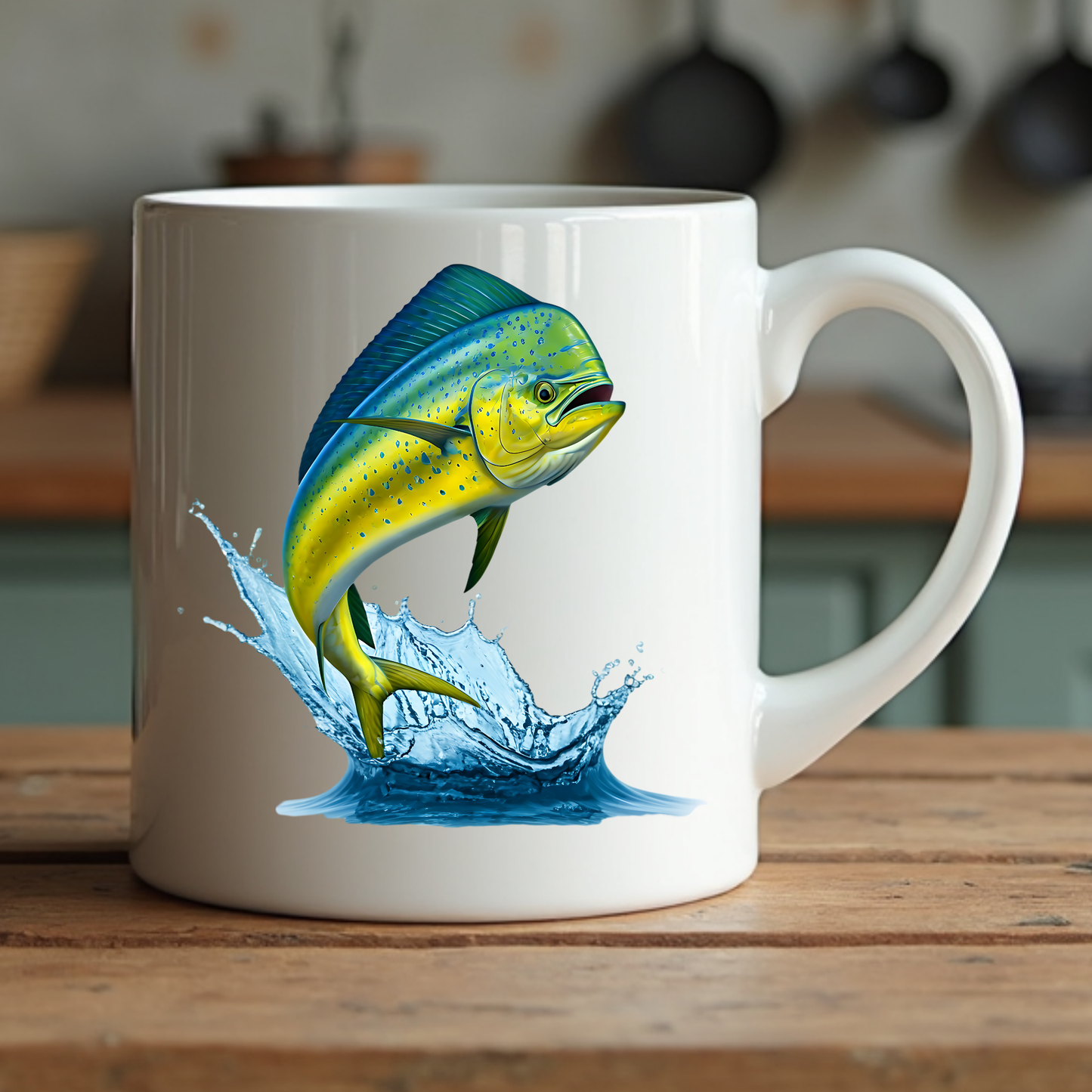 Mahi-Mahi Dolphinfish Jumping PNG Digital Design on a coffee mug