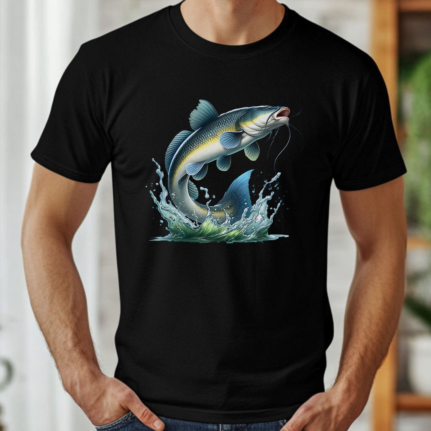 Black t-shirt with a catfish graphic on a blurred indoor background