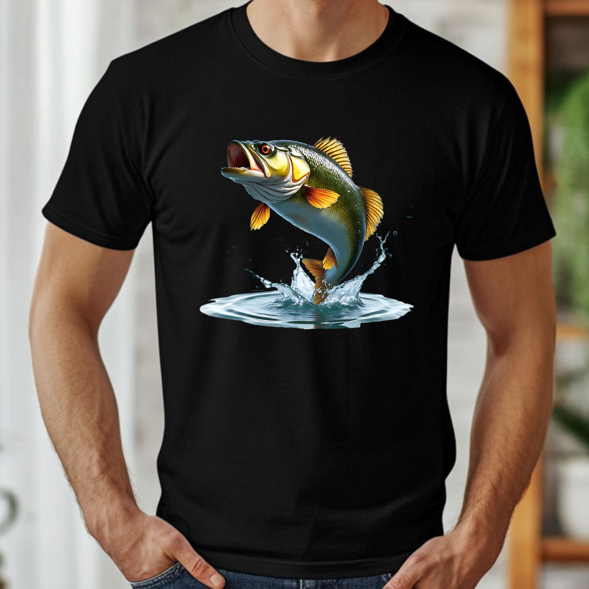 Black t-shirt with a fish graphic on a blurred background