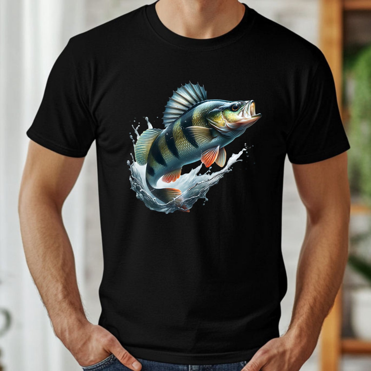 Black t-shirt with a colorful perch graphic worn by a man