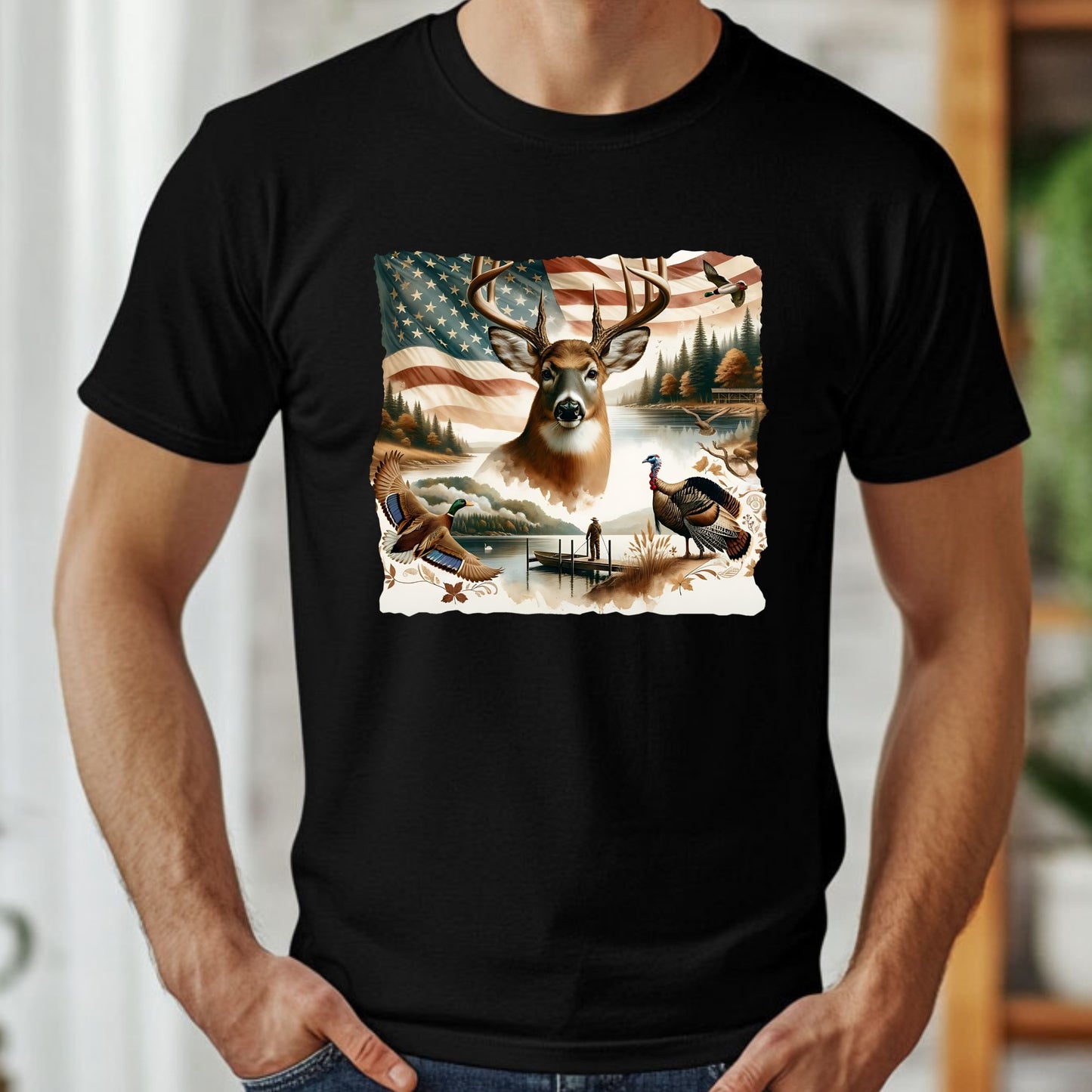 Black t-shirt with a nature-themed graphic featuring a deer, American flag, and ducks.
