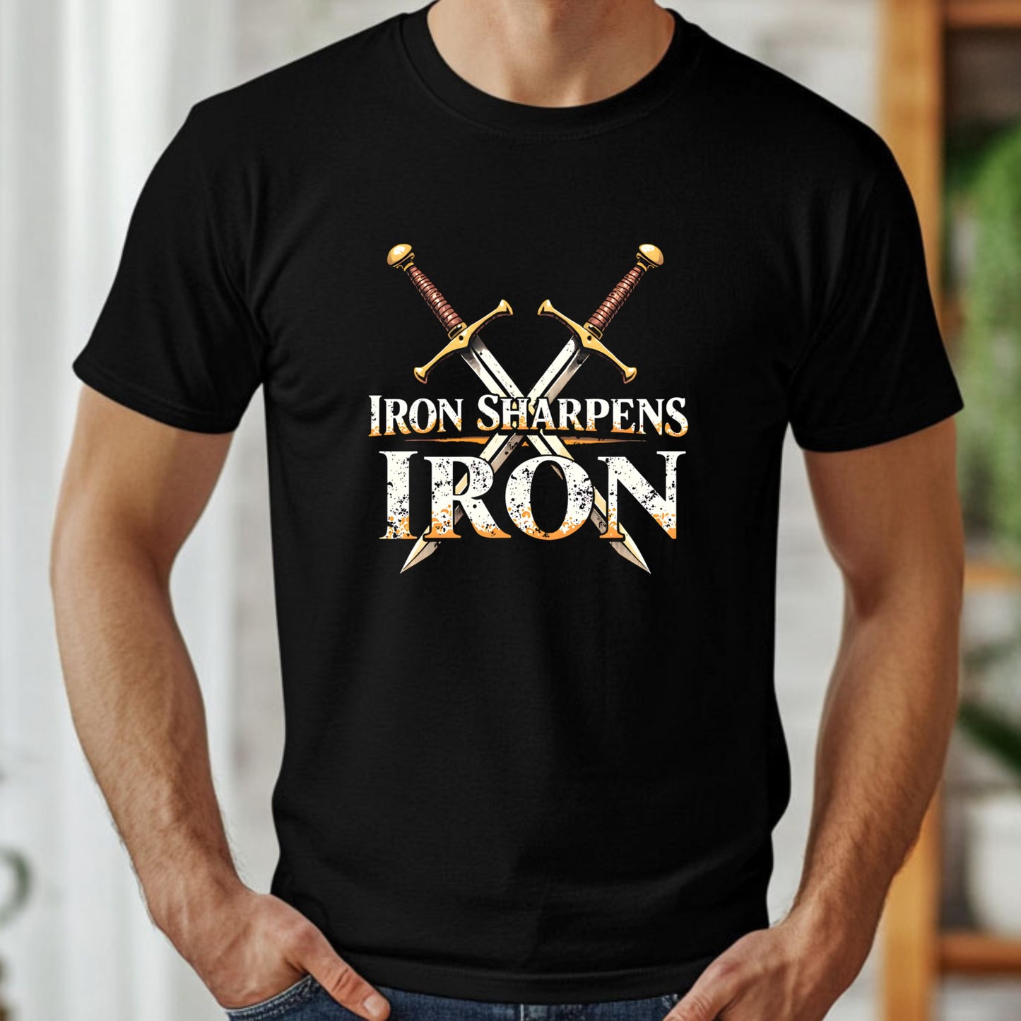Black t-shirt with 'Iron Sharpens Iron' design featuring crossed swords.