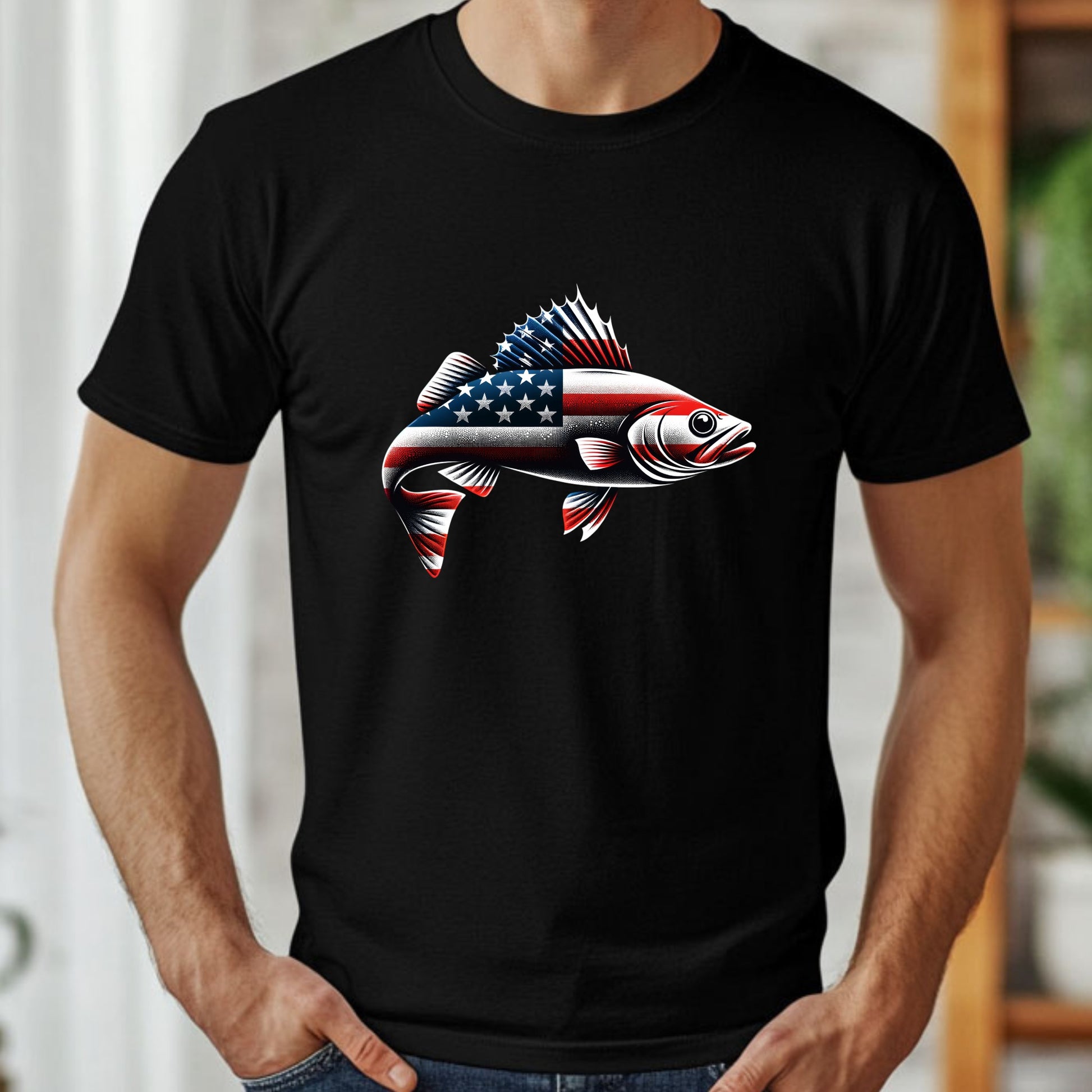 Black t-shirt with a fish design featuring the American flag, worn by a man.