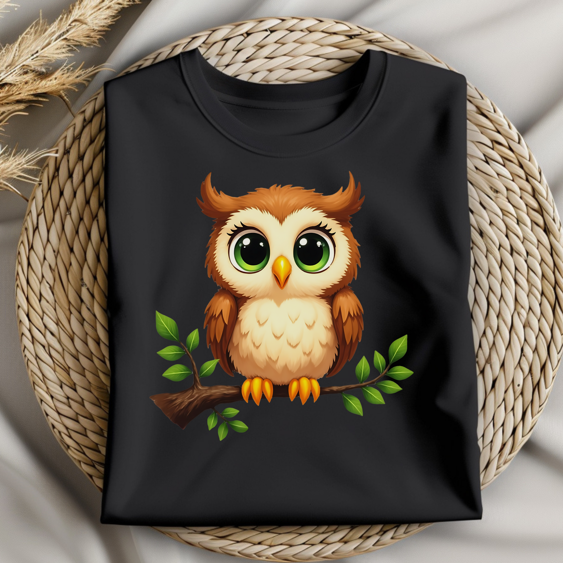 Owl On A Limb PNG digital design on a folded black t-shirt
