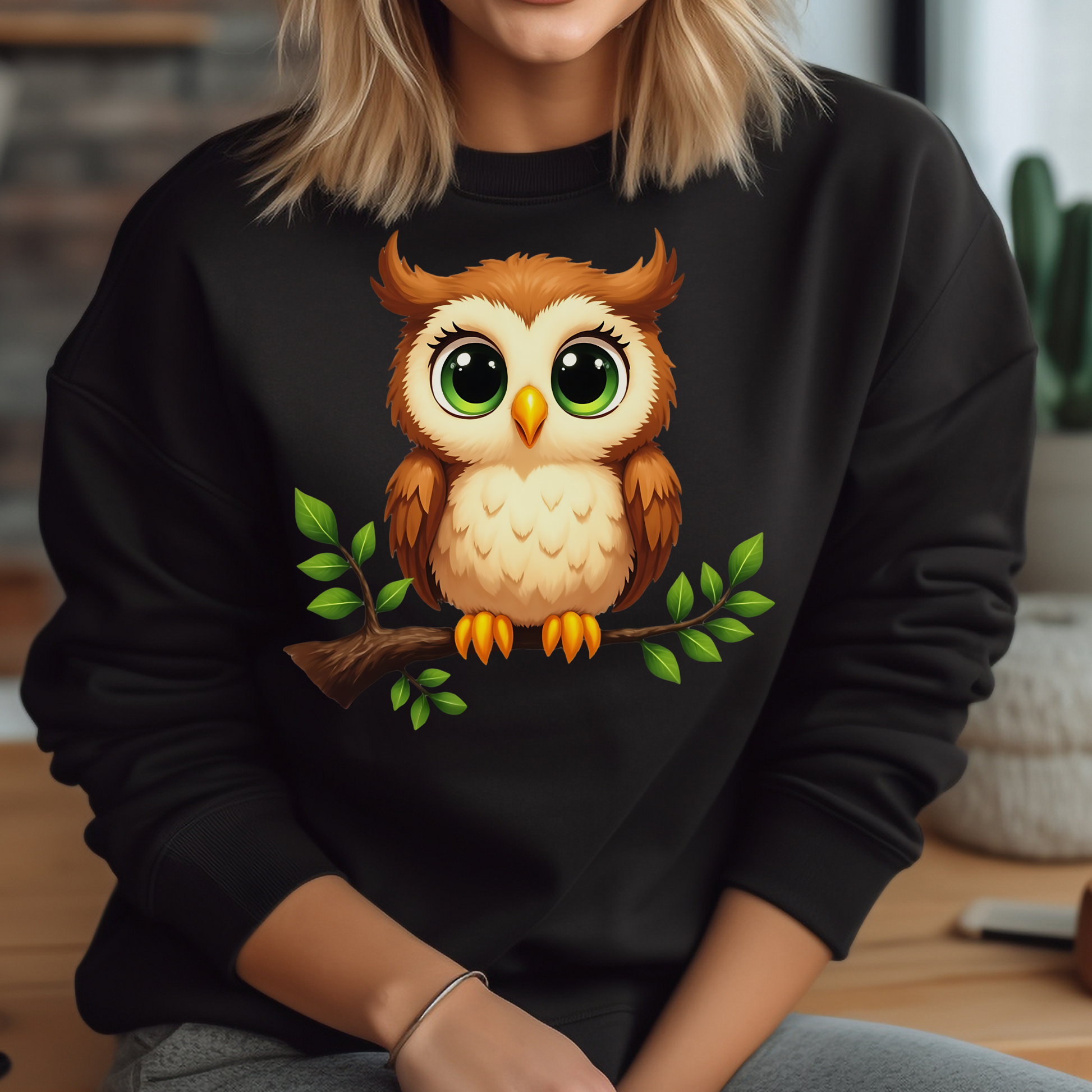 Owl On A Limb PNG digital design on a woman's black sweatshirt