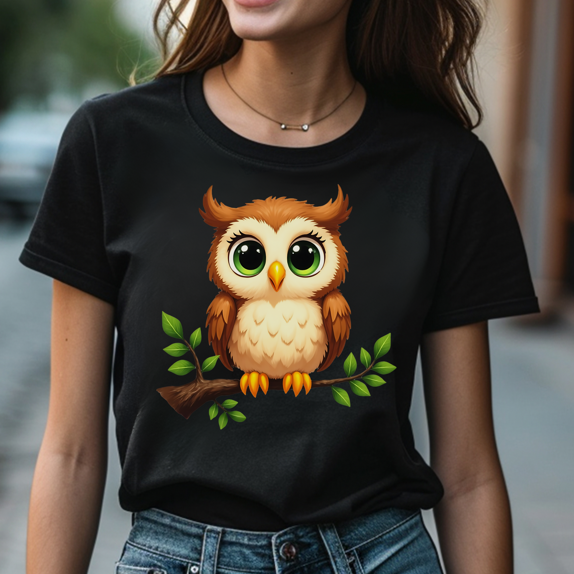 Owl On A Limb PNG digital design on a woman's black t-shirt