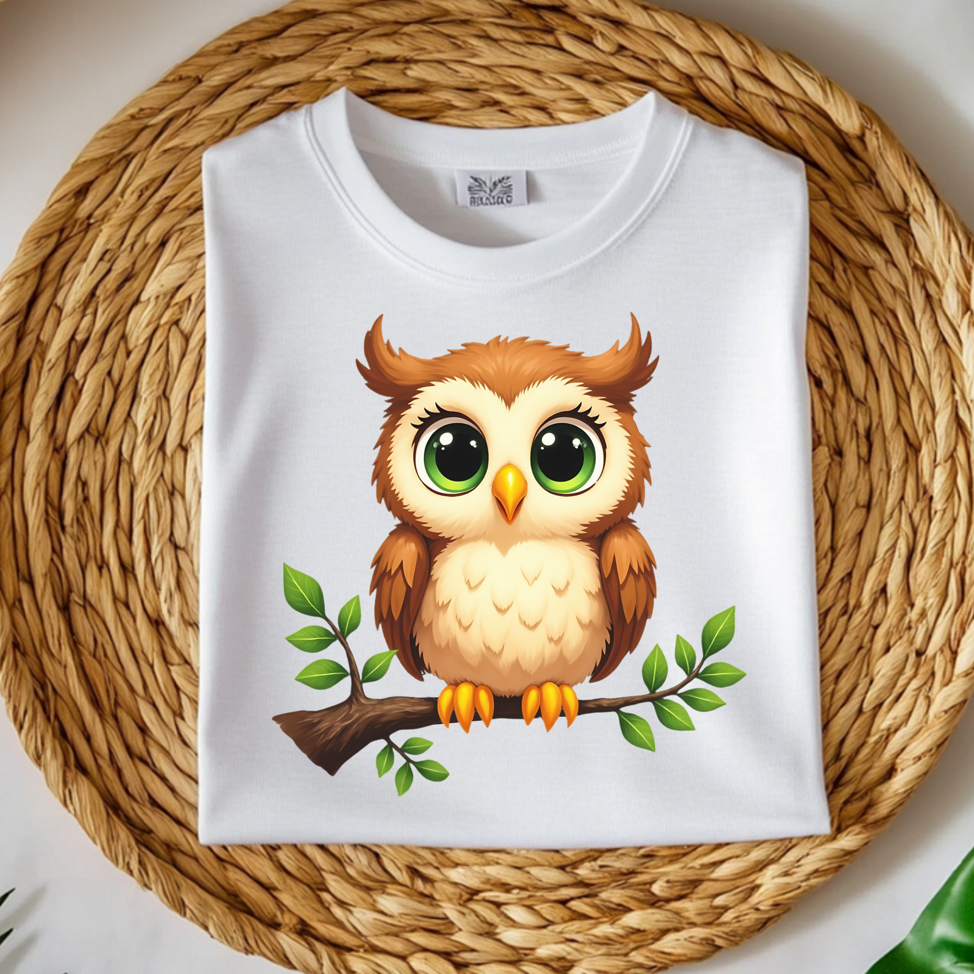 Owl On A Limb PNG digital design on a folded white t-shirt