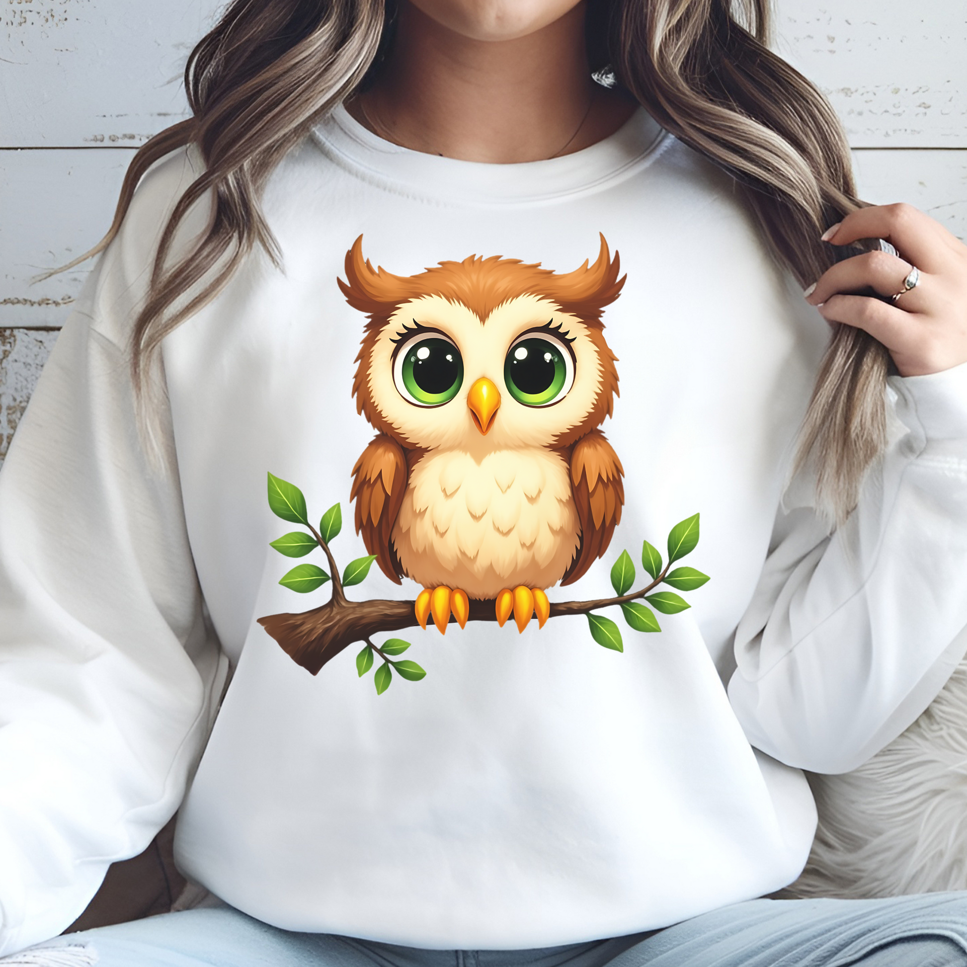 Owl On A Limb PNG digital design on a woman's white sweatshirt