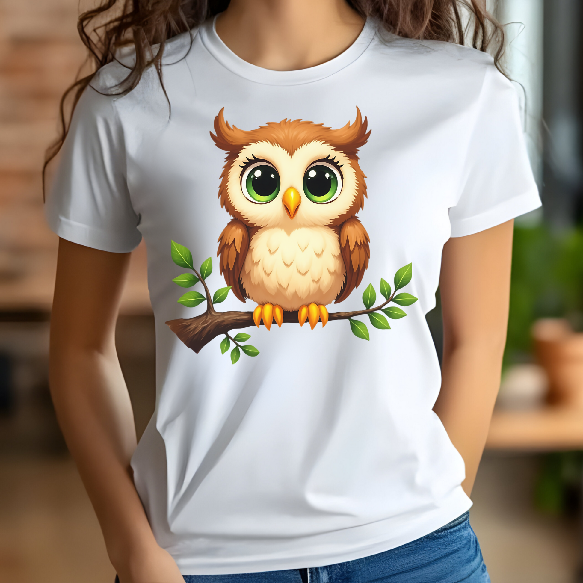 Owl On A Limb PNG digital design on a woman's white t-shirt