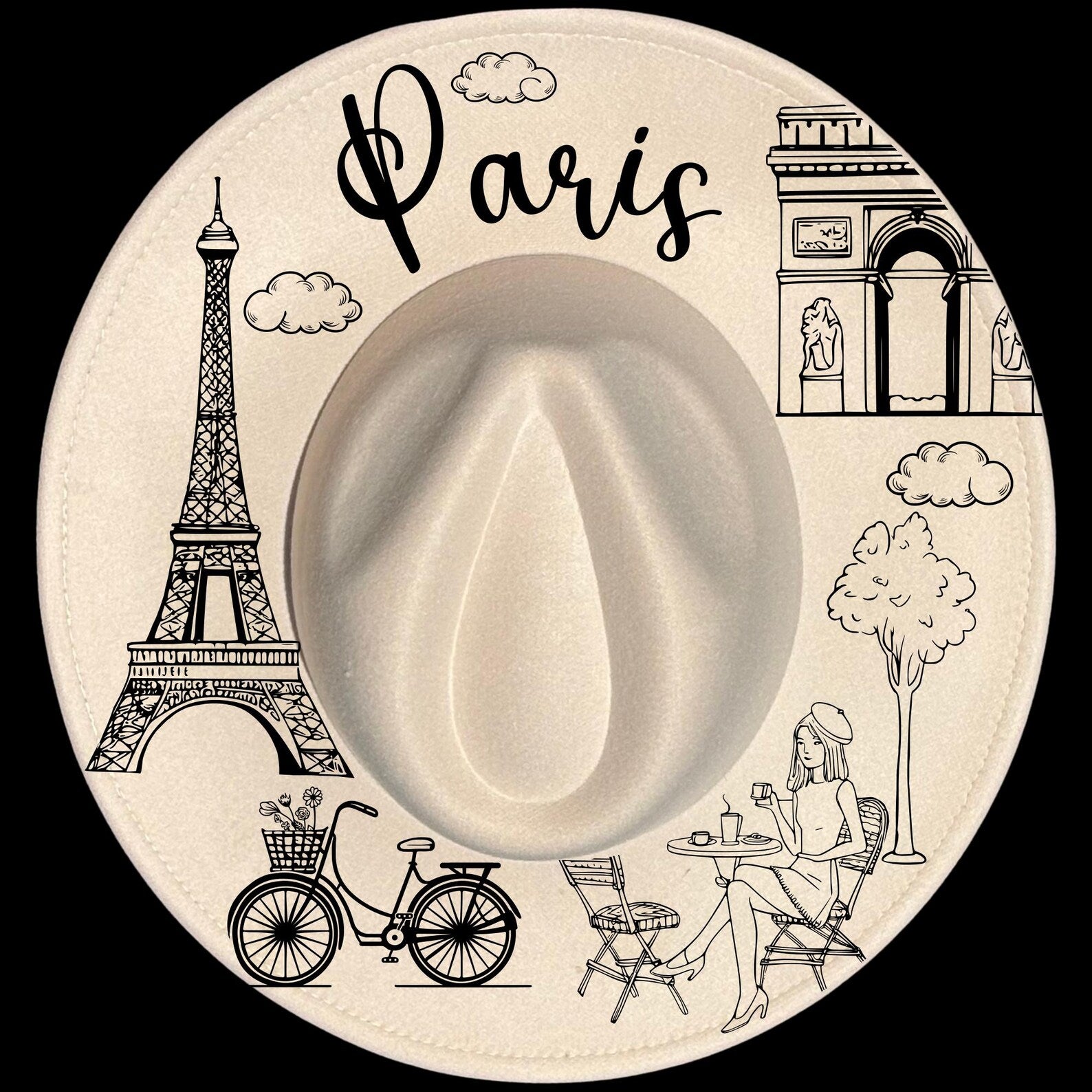 Paris Icons burned hat burning design on a wide brim hat