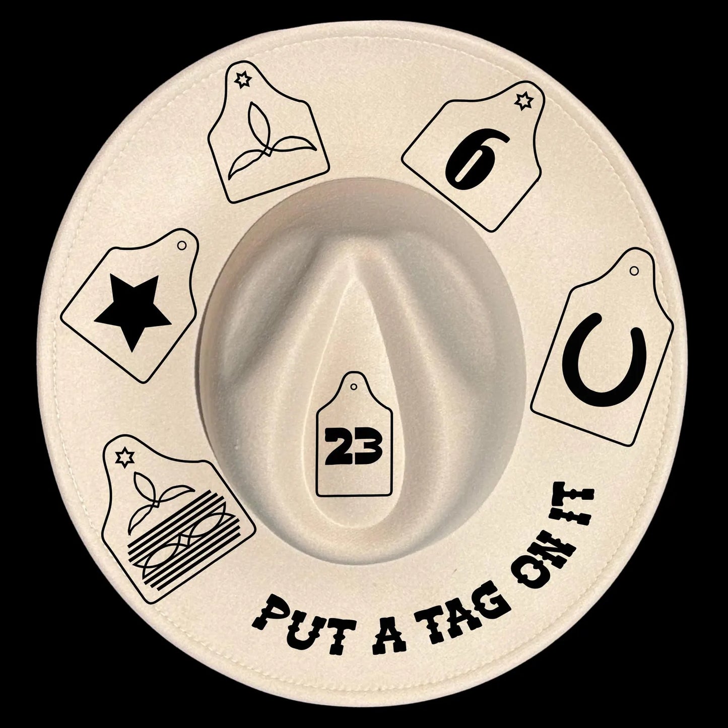 Hat burning design on a wide brim hat with various tags and the text 'Put a tag on it' on a black background