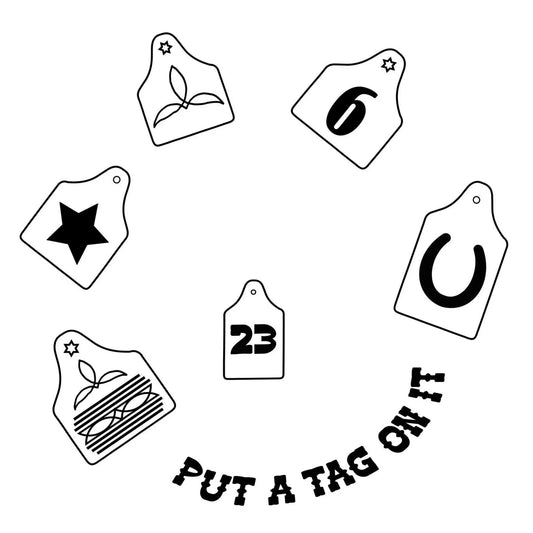 Put a tag on wide brim hat burning design with a variety of tags and the text 'Put A Tag On It'