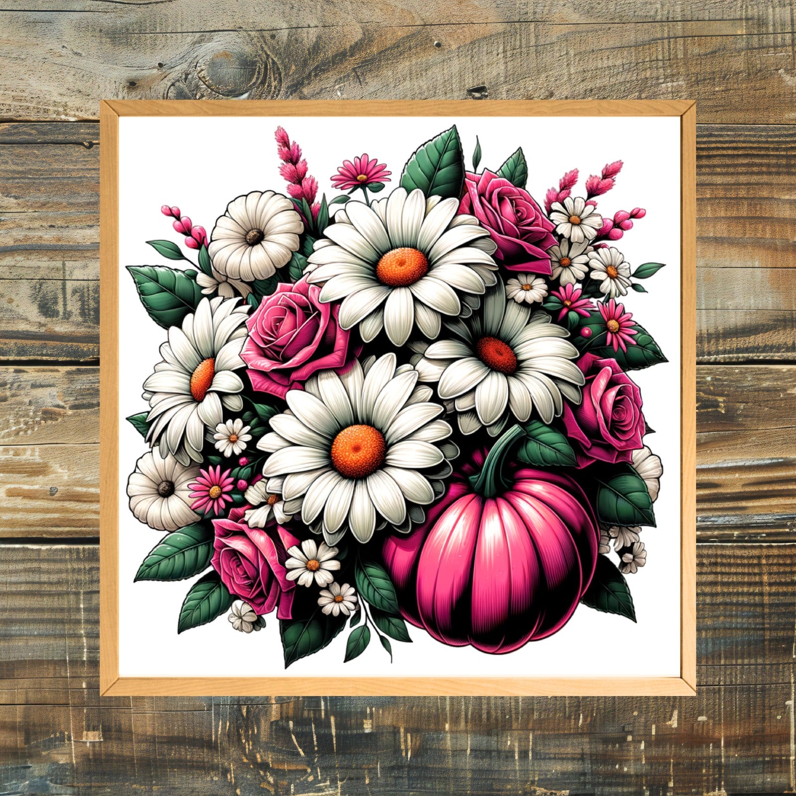 Framed artwork of flowers and pumpkins on a wooden background