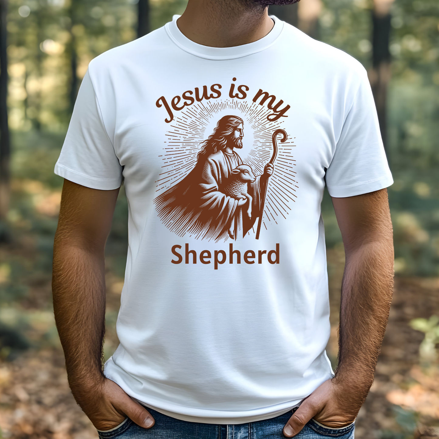 Jesus Is My Shepherd digital design on a man’s t-shirt