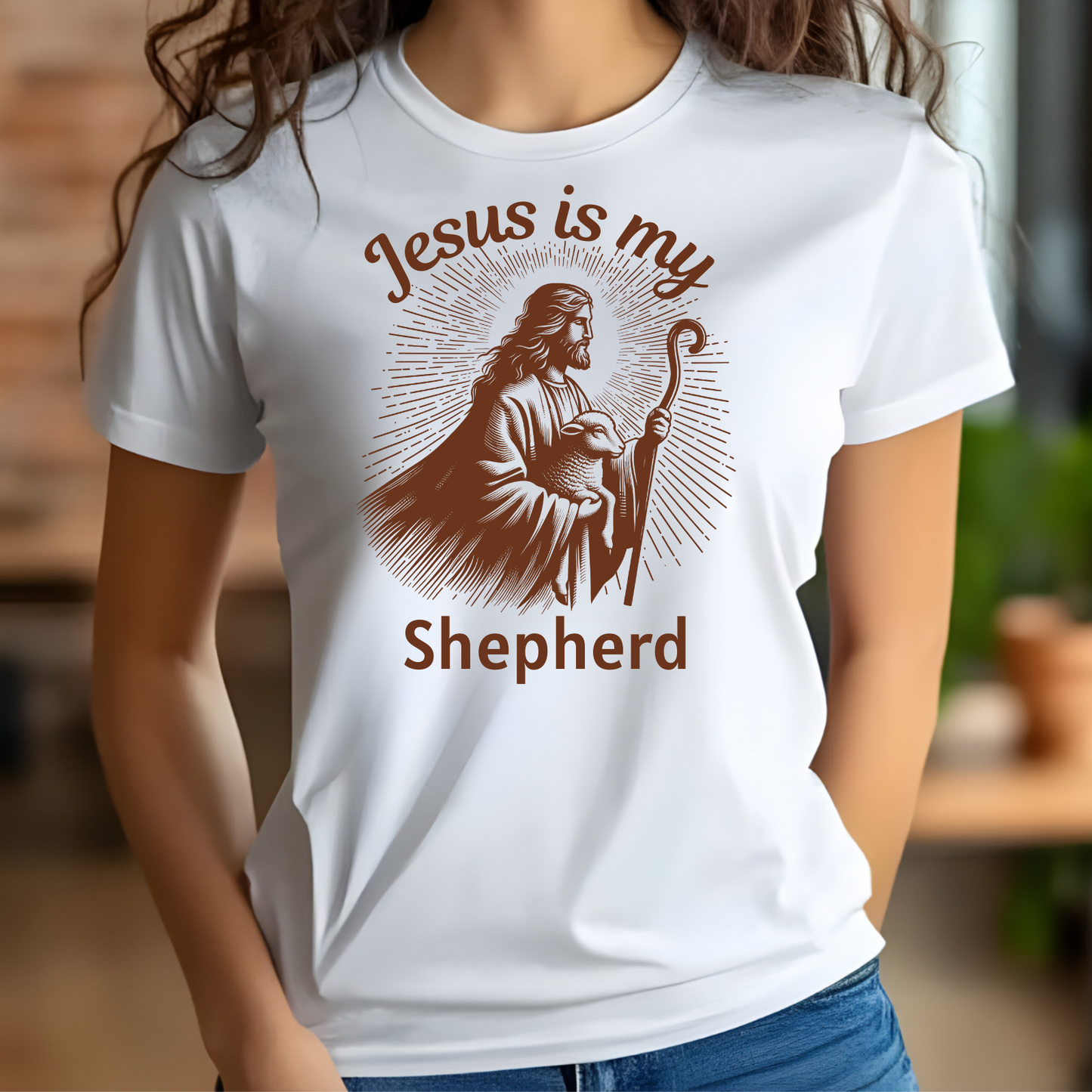 Jesus Is My Shepherd digital design on a woman’s t-shirt