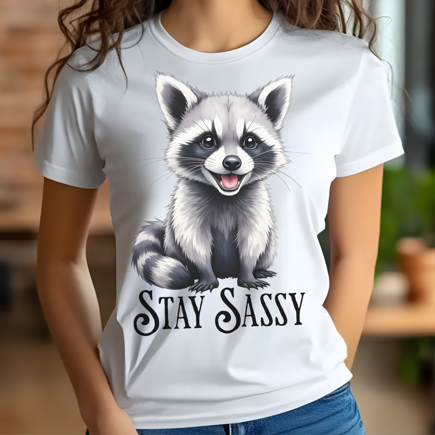 Stay Sassy raccoon png digital design on a woman's white t-shirt
