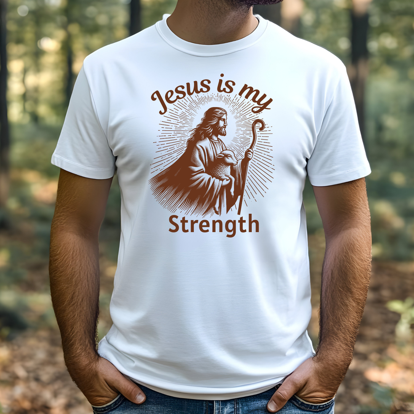 Jesus Is My Strength digital design on a man’s t-shirt