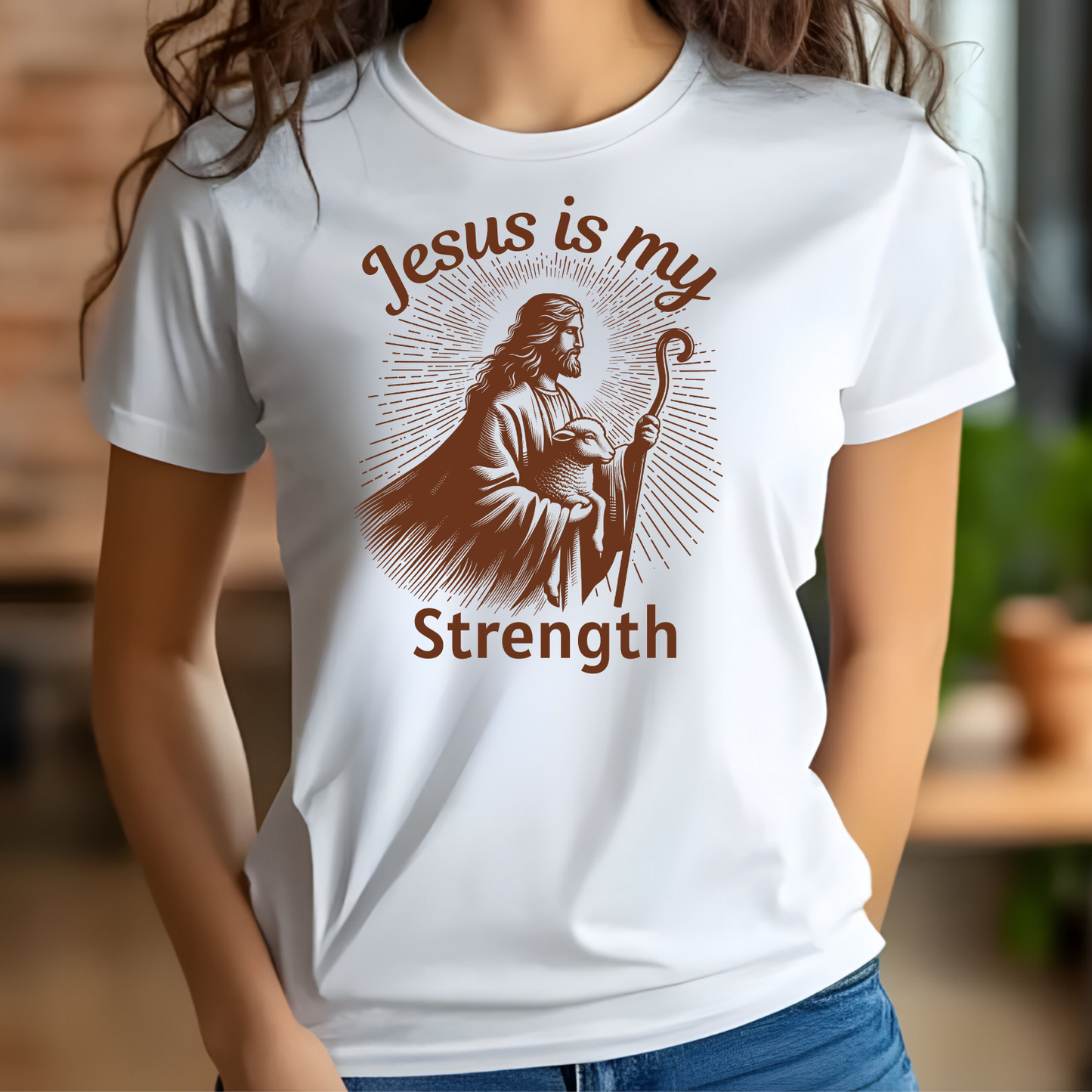 Jesus Is My Strength digital design on a woman’s t-shirt