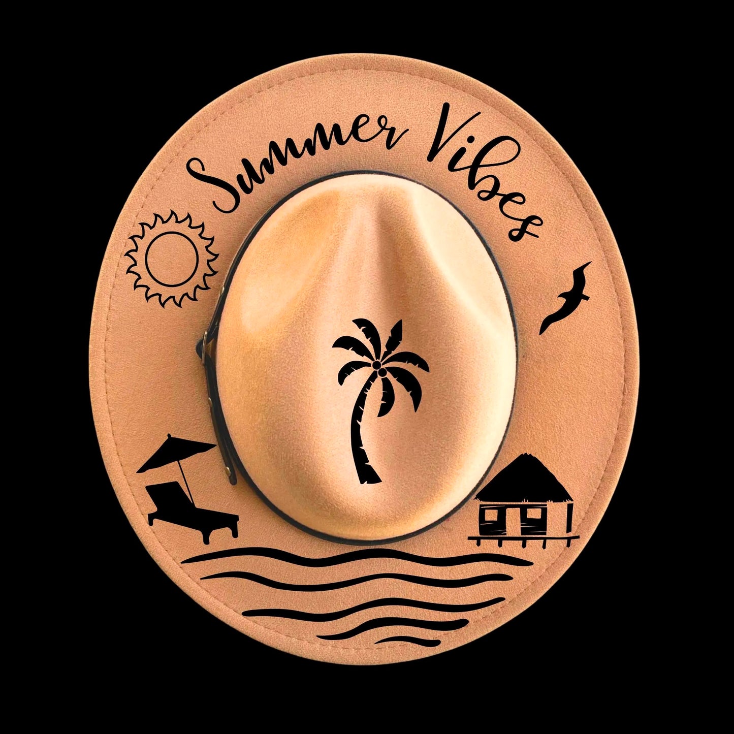 Summertime Vibes burned hat burning design on a narrow brim hat
