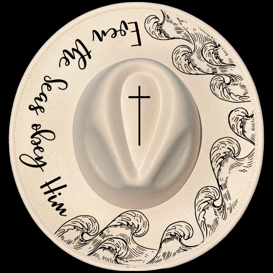 The Seas Obey Him design on a wide brim hat