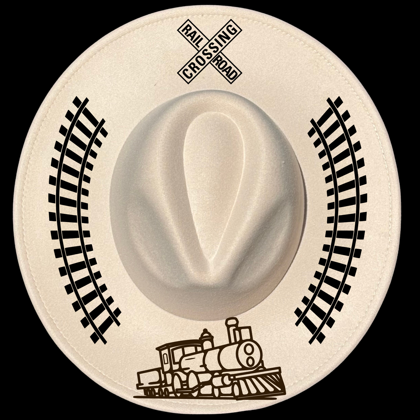Train design on a wide brim hat