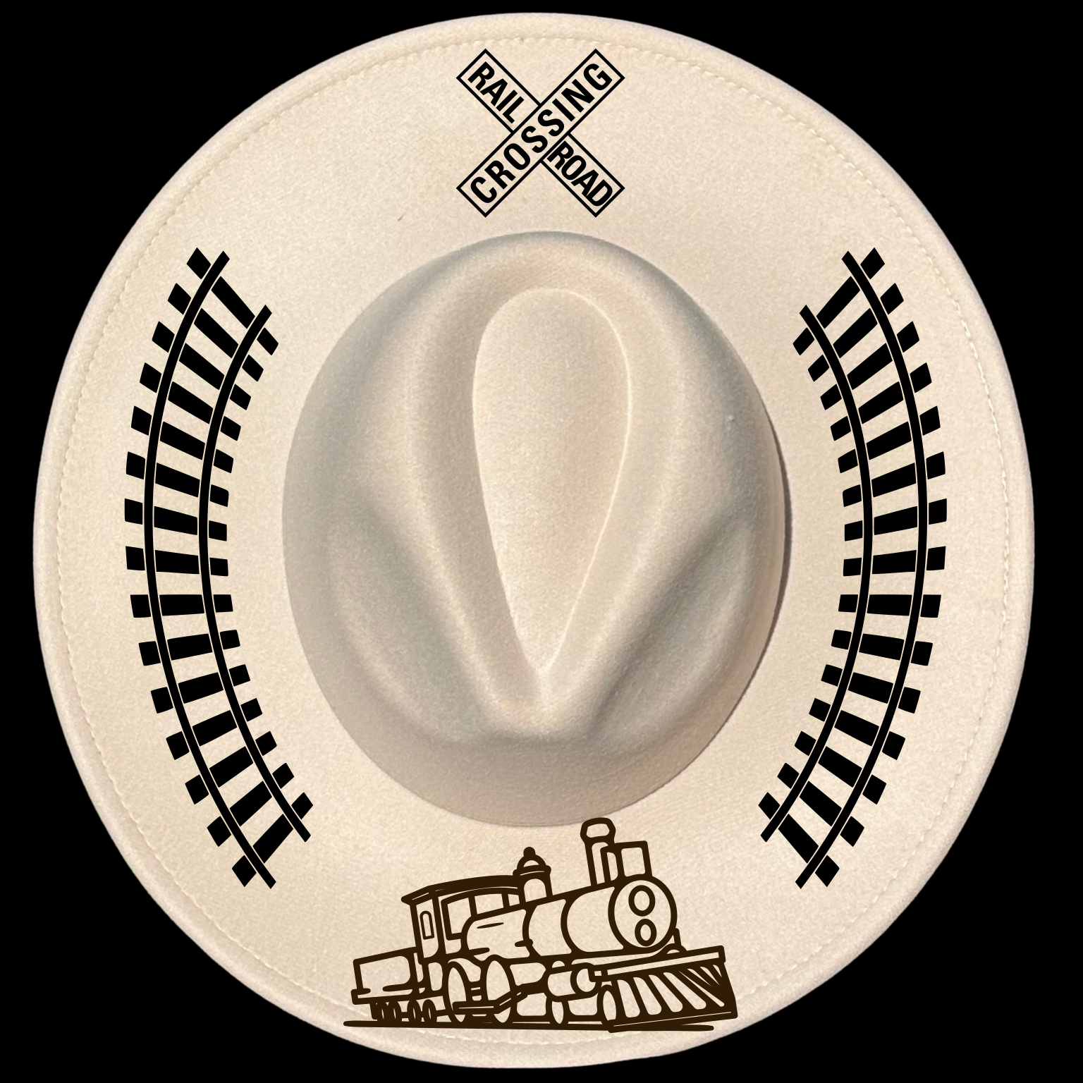 Train design on a wide brim hat