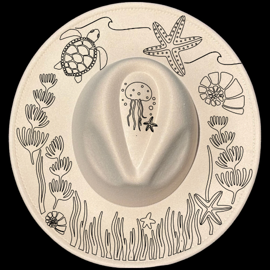 Under The Sea Boho tracing on a wide brim hat