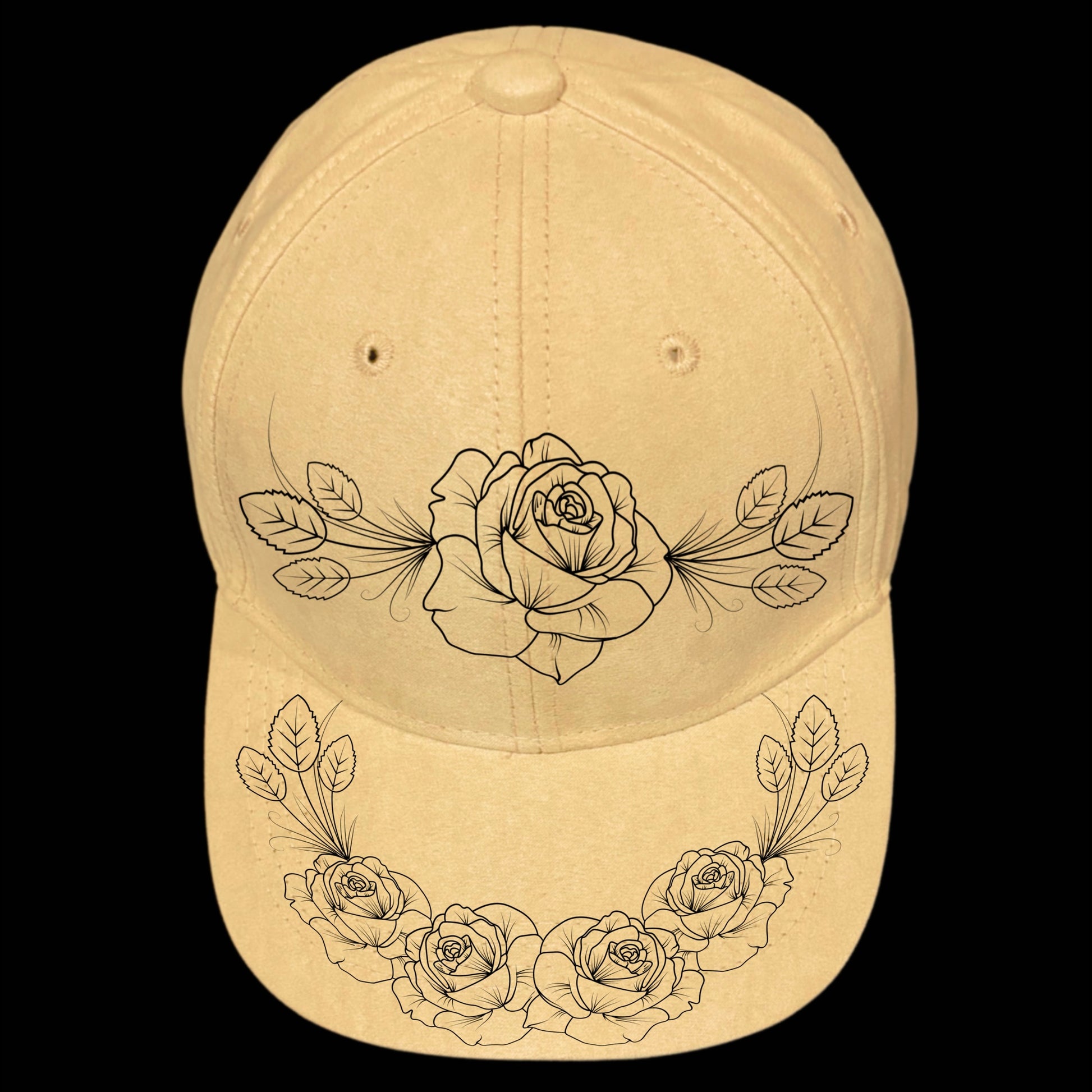 Vintage Roses burned hat burning design on a baseball cap.