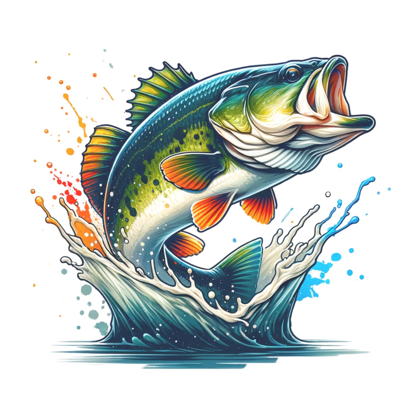 Colorful illustration of a largemouth bass leaping out of water with splashes on a white background
