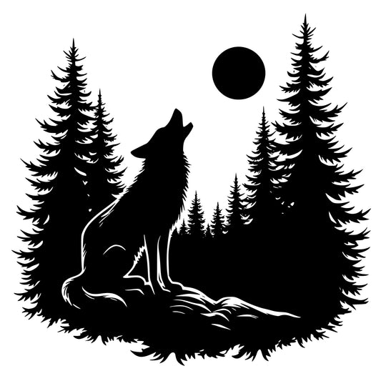 Black silhouette of a wolf howling at the moon with trees in the background on a white background